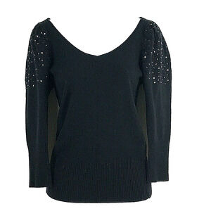 BEBE Sweater M Lambs Wool Cashmere Black Long Sleeve Embellished Ruffle Shoulder